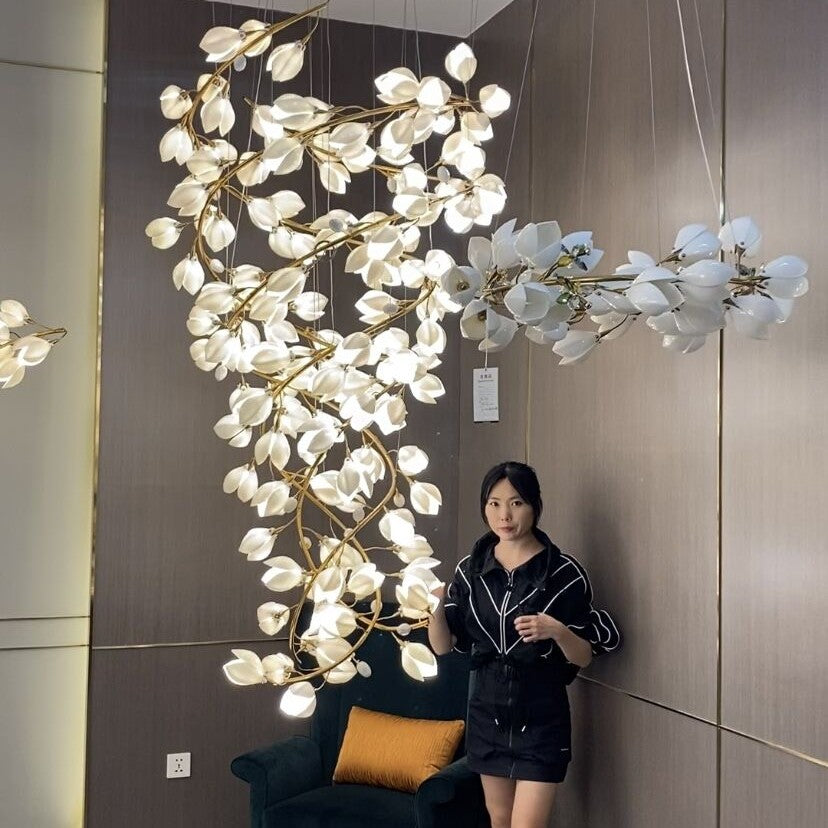 Spiral Pure White Magnolia Chandelier with Golden Branches for Staircase/High-ceiling Space/Foyer/ Duplex