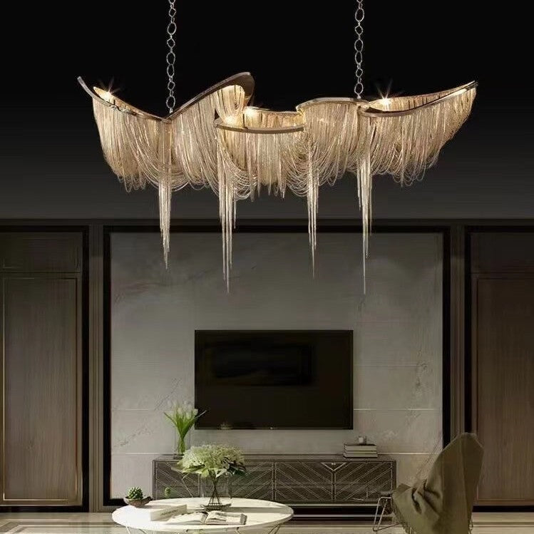 Luxury Tassel Linear Art Crystal Chandelier Italian Gold/Sliver Ceiling Dining Table Light Fixture