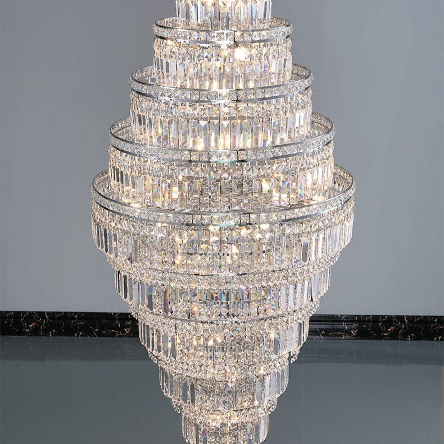 Chrome Extra Large Crystal Chandelier for Foyer Staircase Living Room Entrance Ceiling Light Fixture In Silver