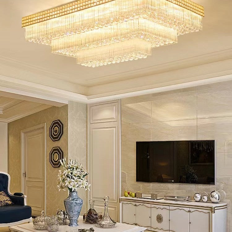 Extra Large Three Layers Rectangular Luxury Flush Mounted Crystal Chandelier for Living Room