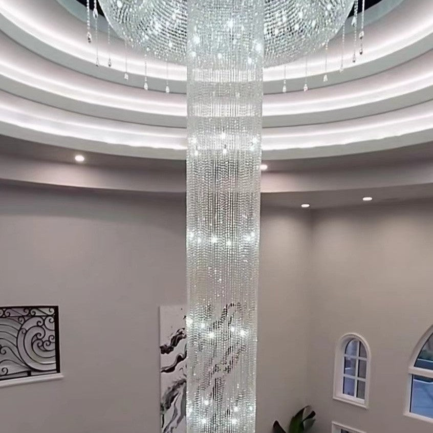 Extra Large Flush Mount Silver Waterfall Luxury Ceiling Crystal Chandelier for High-ceiling Living Room/Duplex Hall