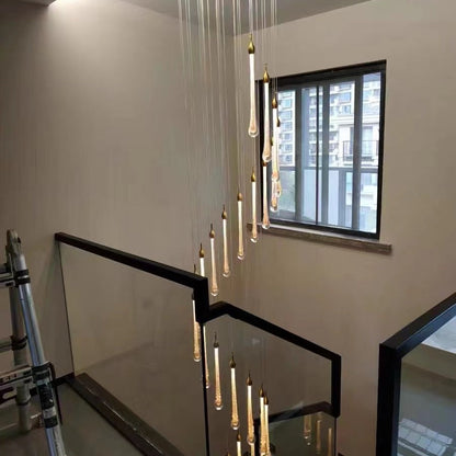 Foyer Glass Drops Pendant Chandelier Spiral Staircase High Ceiling Light Fixture In Gold Finish