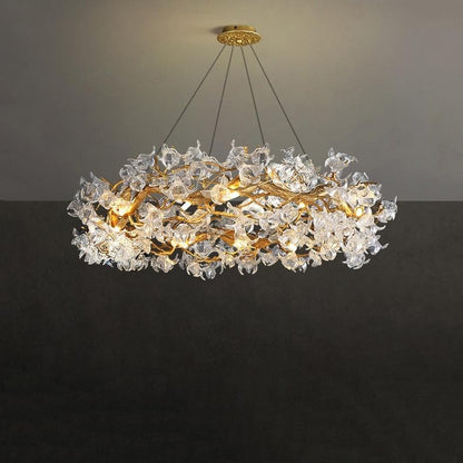 Branch Petal Crystal Brass Round Chandelier