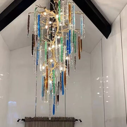 Modern Light Luxury Brass Branches Colored Glass Column Chandelier for Staircase/Living Room/High-ceiling Space