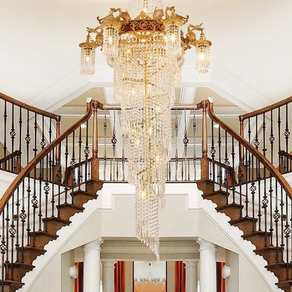 Extra Large Retro Luxury Full Copper Crystal Chandelier for Staircase/ Duplexes/ Villas