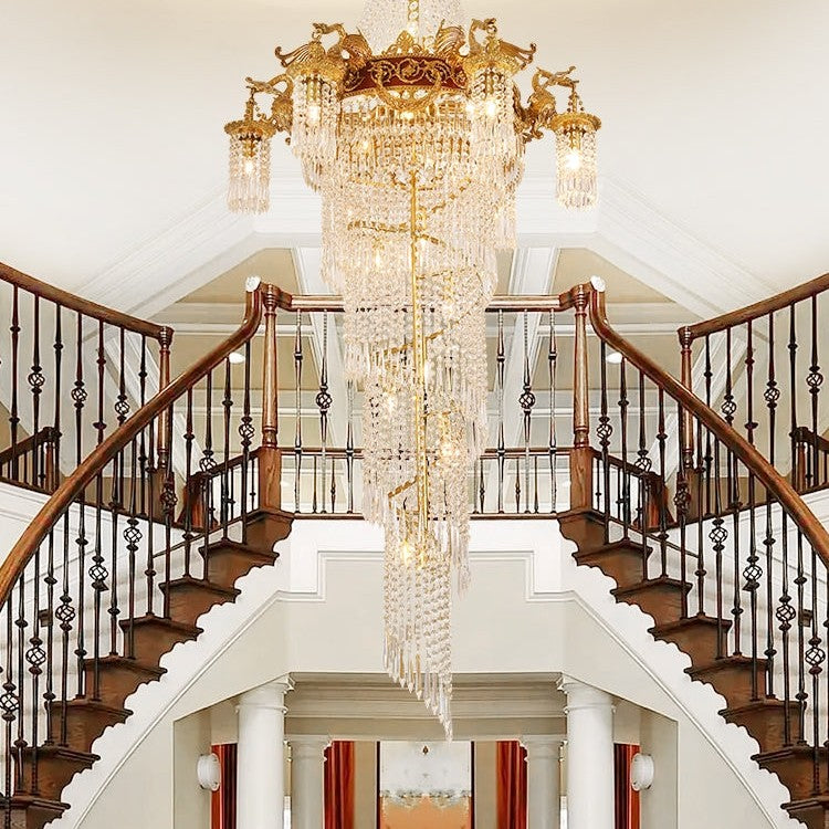 Extra Large Retro Luxury Full Copper Crystal Chandelier for Staircase/ Duplexes/ Villas