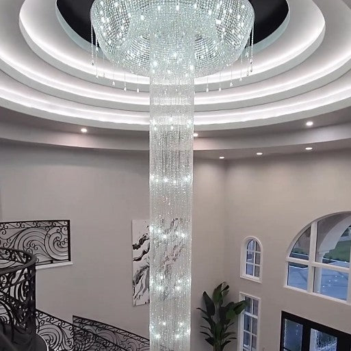 Extra Large Flush Mount Silver Waterfall Luxury Ceiling Crystal Chandelier for High-ceiling Living Room/Duplex Hall