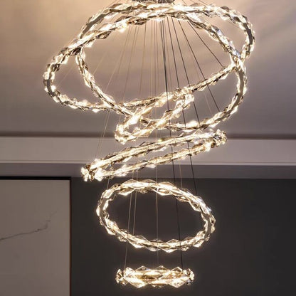 Oversized Multi-Tiered Rings Crystal Chandelier Modern Clear and Grey Crystal Ceiling Light Fixture For Staircase/Foyer/Hallway/Entryway