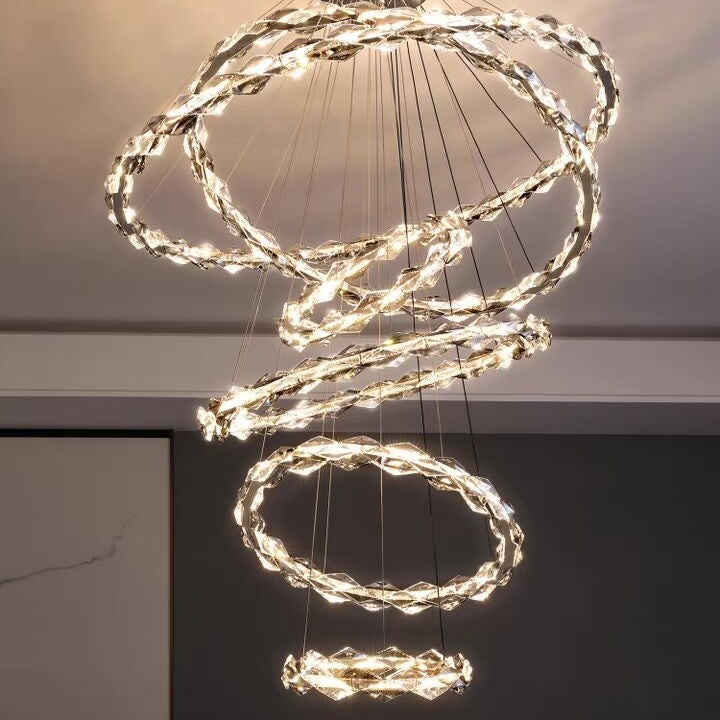 Oversized Multi-Tiered Rings Crystal Chandelier Modern Clear and Grey Crystal Ceiling Light Fixture For Staircase/Foyer/Hallway/Entryway