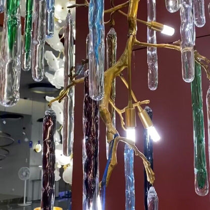 Modern Light Luxury Brass Branches Colored Glass Column Chandelier for Staircase/Living Room/High-ceiling Space
