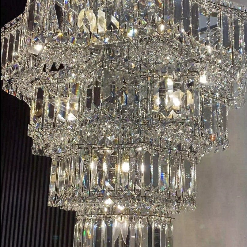 Extra Large Plaza Hall  Multi-Tier Crystal Chandelier Foyer Living Room Staircase Ceiling Lighting Fixture  In Chrome/ Silver Finish