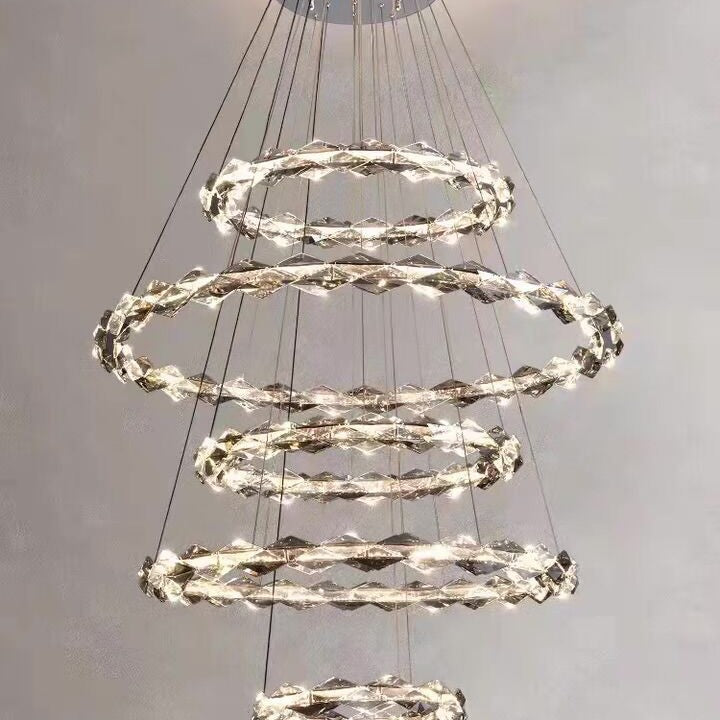 Oversized Multi-Tiered Rings Crystal Chandelier Modern Clear and Grey Crystal Ceiling Light Fixture For Staircase/Foyer/Hallway/Entryway