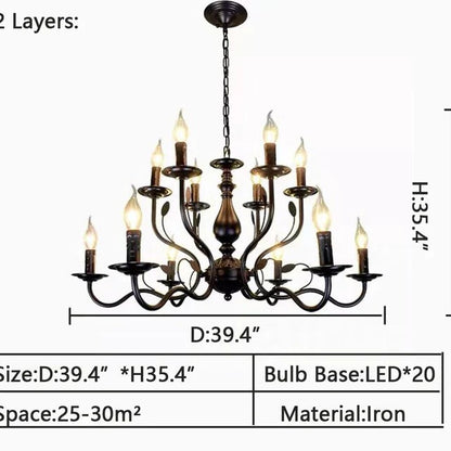 Multi Layer Iron Chandelier with Electronic Candles in Vintage Country Style for Living Room Cafe and Study