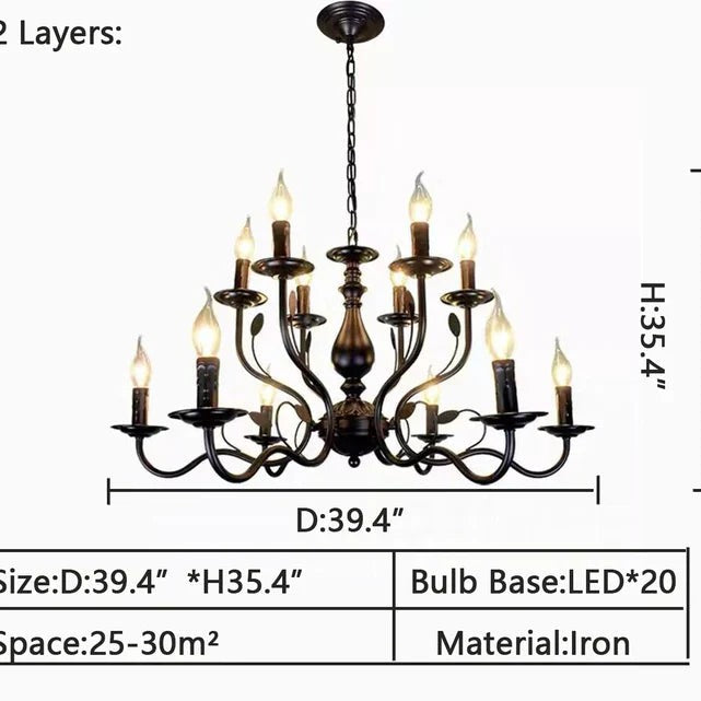 Multi Layer Iron Chandelier with Electronic Candles in Vintage Country Style for Living Room Cafe and Study