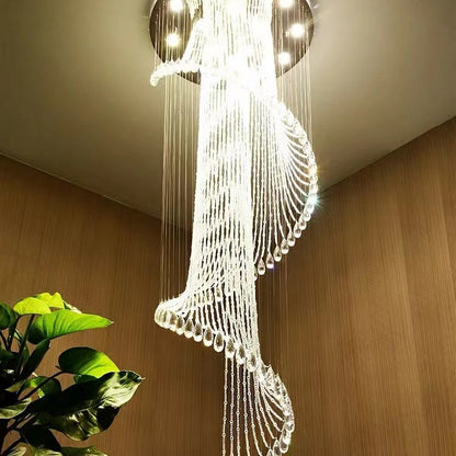 Flush Mounted Spiral Crystal Drops Chandelier Round LED Ceiling Lighting Fixture For Foyer Staircase/ Hotel Entrance