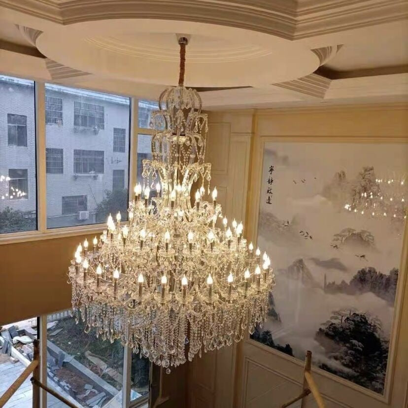 Oversized Luxury Traditional Gold/Chrome Candle Branch Crystal Chandelier for 2-story/Duplex Buildings