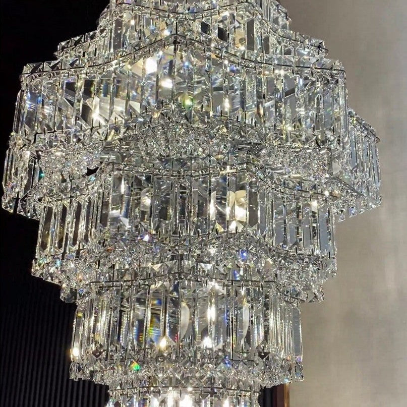 Extra Large Plaza Hall  Multi-Tier Crystal Chandelier Foyer Living Room Staircase Ceiling Lighting Fixture  In Chrome/ Silver Finish