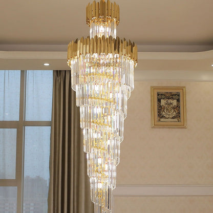 Luxury Gold Trimmed Long Crystal Chandelier Foyer Staircase Extra Large Ceiling Light Fixture