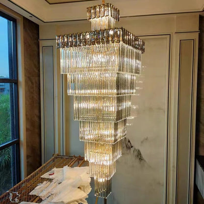 Decorative Large Vertical Crystal Staircase Chandelier Foyer Ceiling Light Fixture Lamp In Gray/ Amber Brim