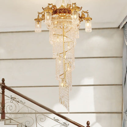 Extra Large Retro Luxury Full Copper Crystal Chandelier for Staircase/ Duplexes/ Villas
