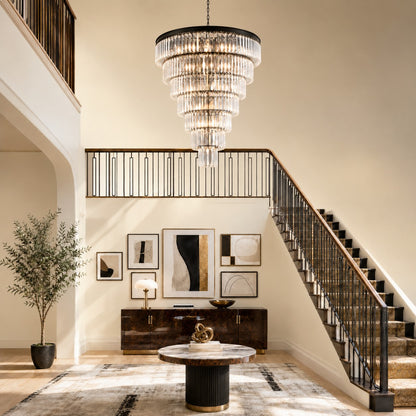 Striped Crystal Tower Round Pendant - Black