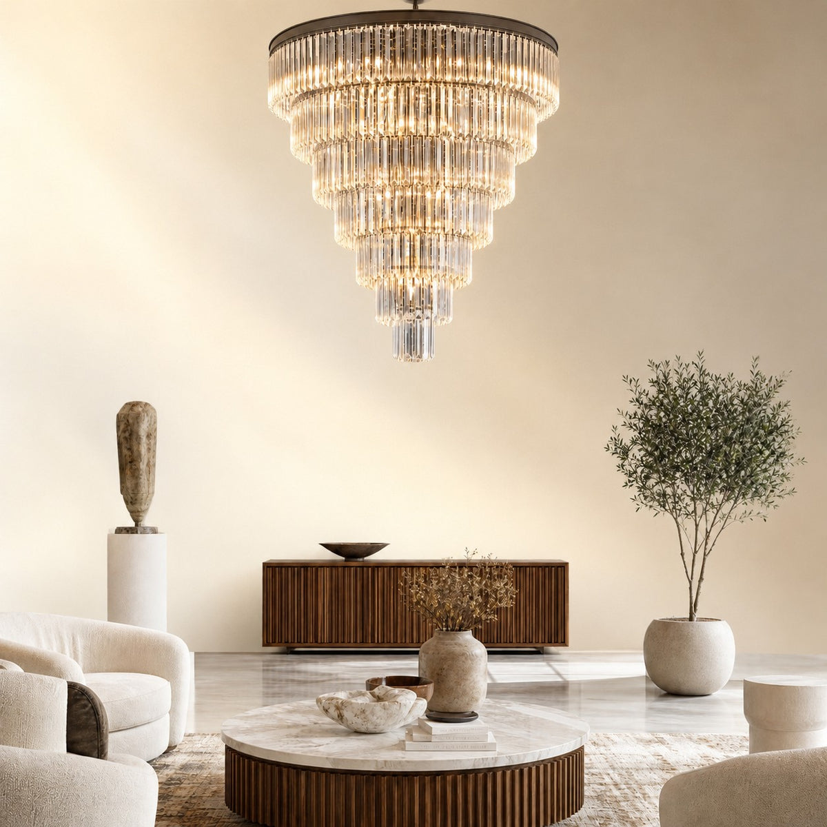 Striped Crystal Tower Round Pendant - Black