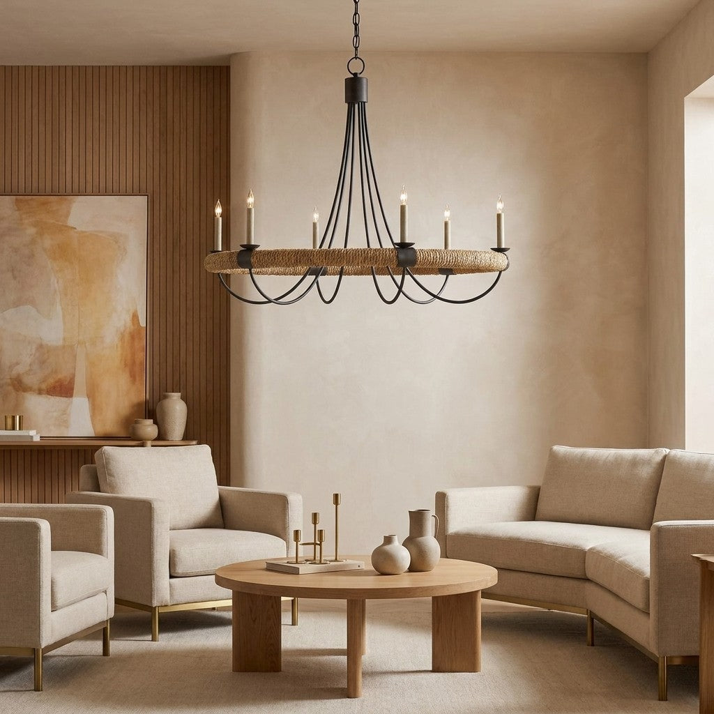Sullivan Round Iron & Rope Chandelier 39"