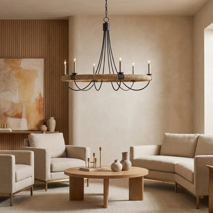 Sullivan Round Iron & Rope Chandelier 39"