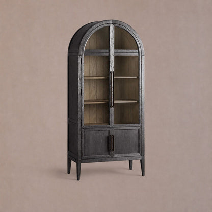 Tall Oak Display Cabinet with Glass Doors