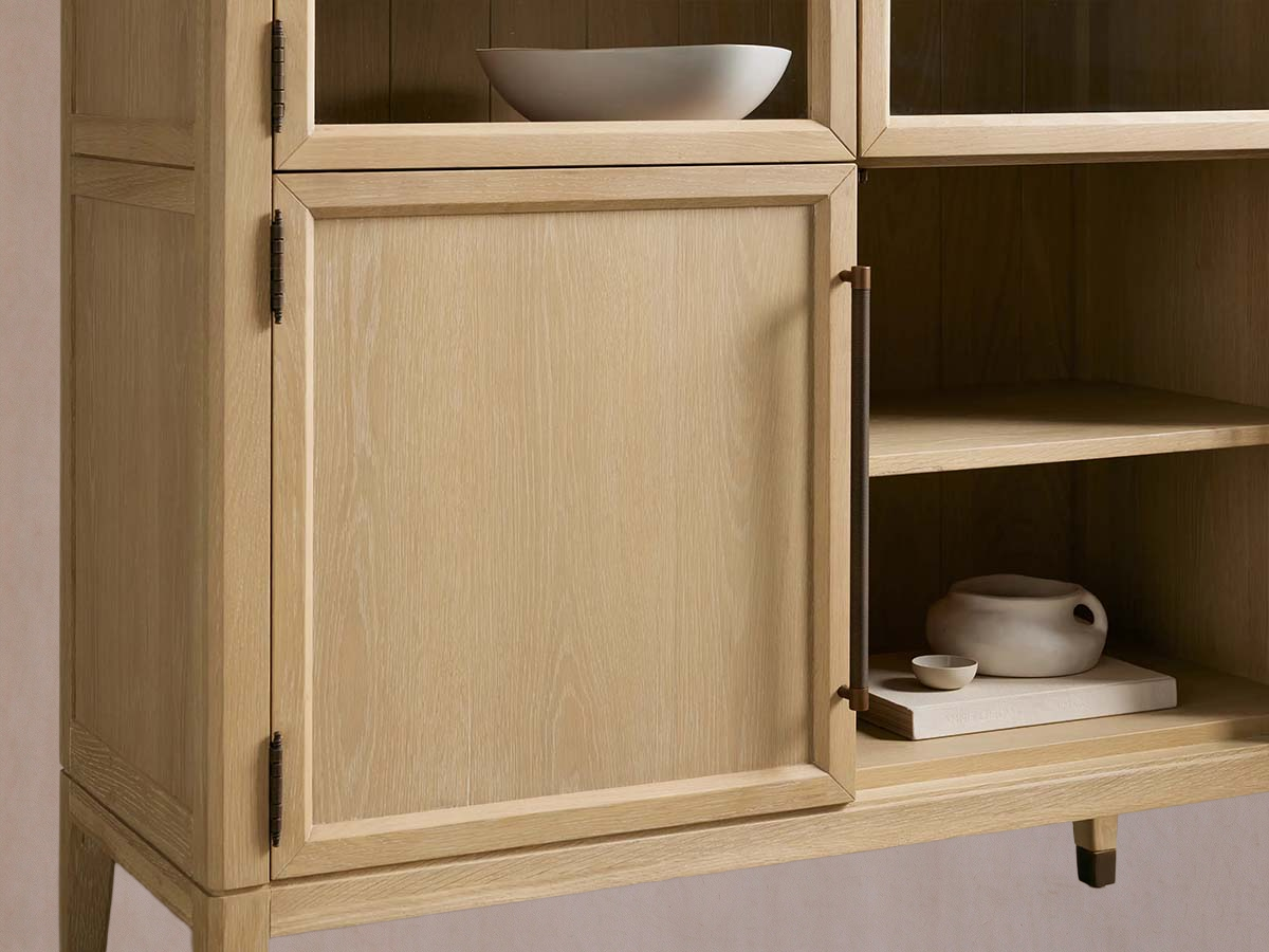 Tall Oak Display Cabinet with Glass Doors