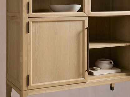Tall Oak Display Cabinet with Glass Doors