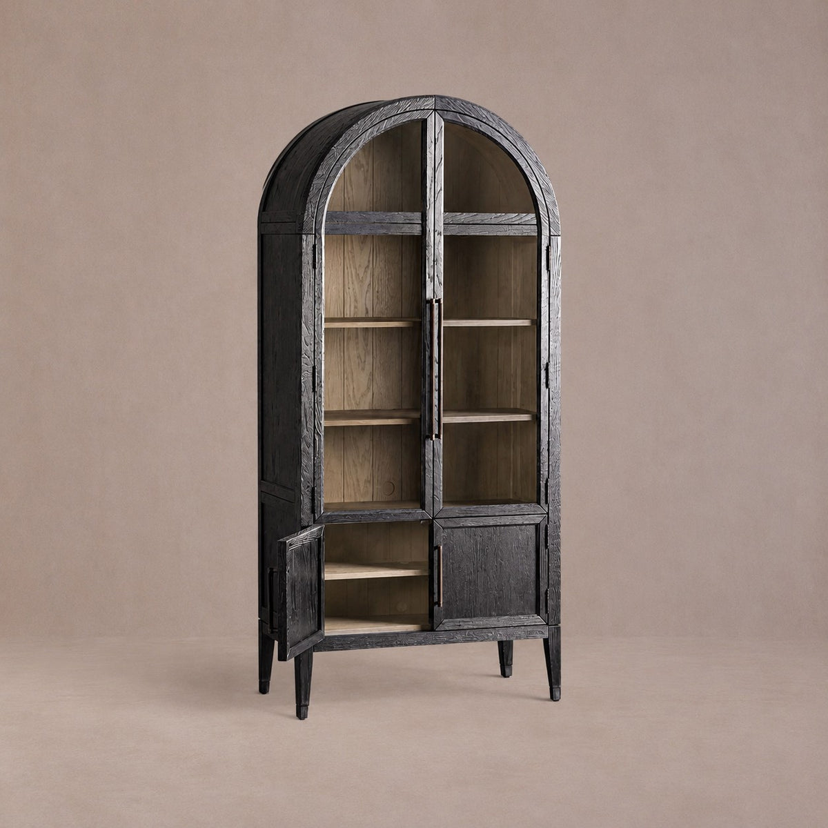 Tall Oak Display Cabinet with Glass Doors