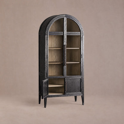 Tall Oak Display Cabinet with Glass Doors