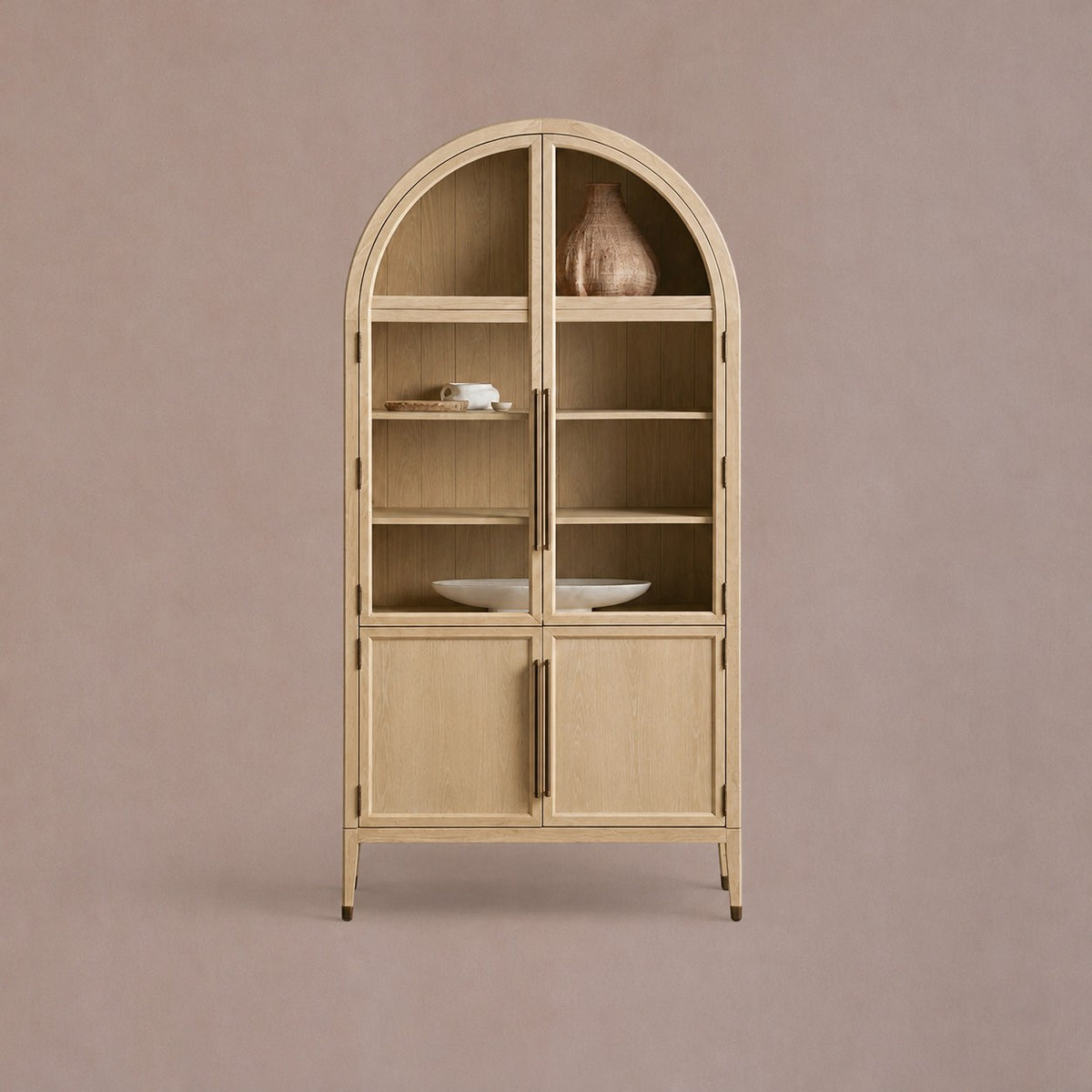 Tall Oak Display Cabinet with Glass Doors