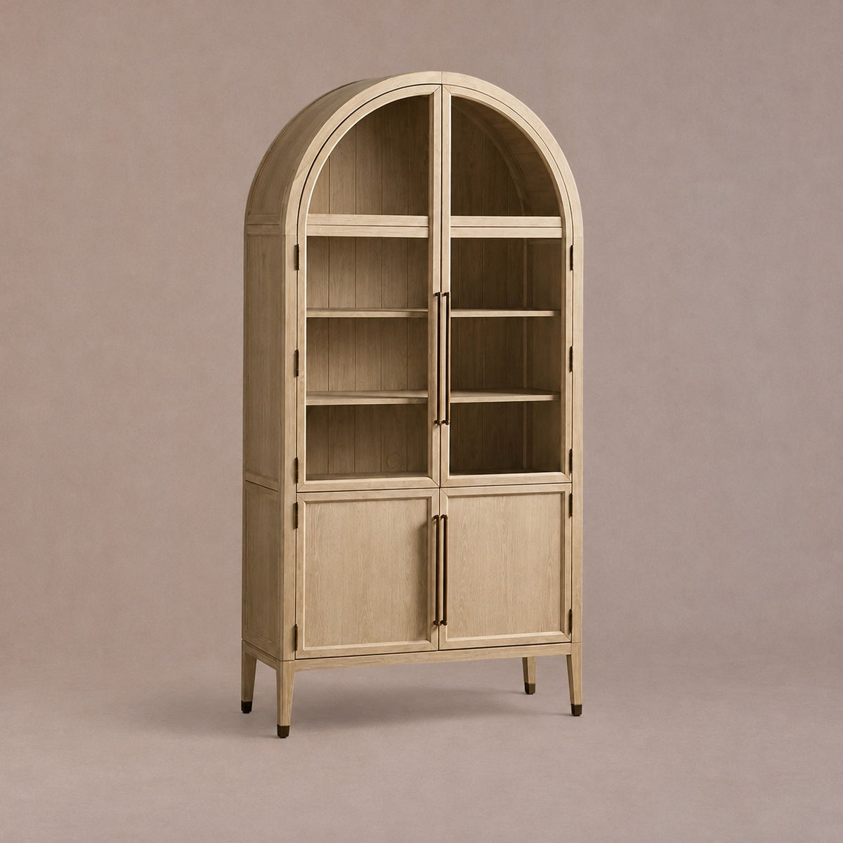 Tall Oak Display Cabinet with Glass Doors