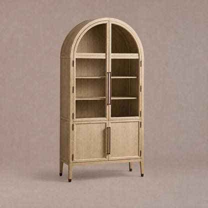 Tall Oak Display Cabinet with Glass Doors