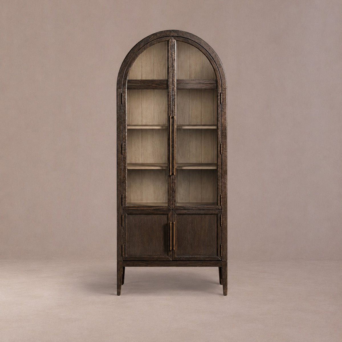 Tall Oak Display Cabinet with Glass Doors