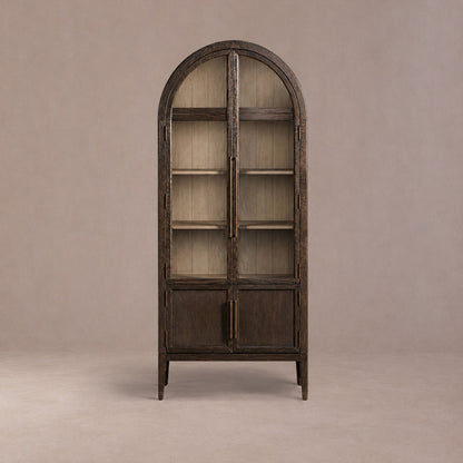 Tall Oak Display Cabinet with Glass Doors