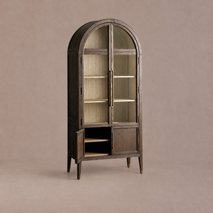 Tall Oak Display Cabinet with Glass Doors