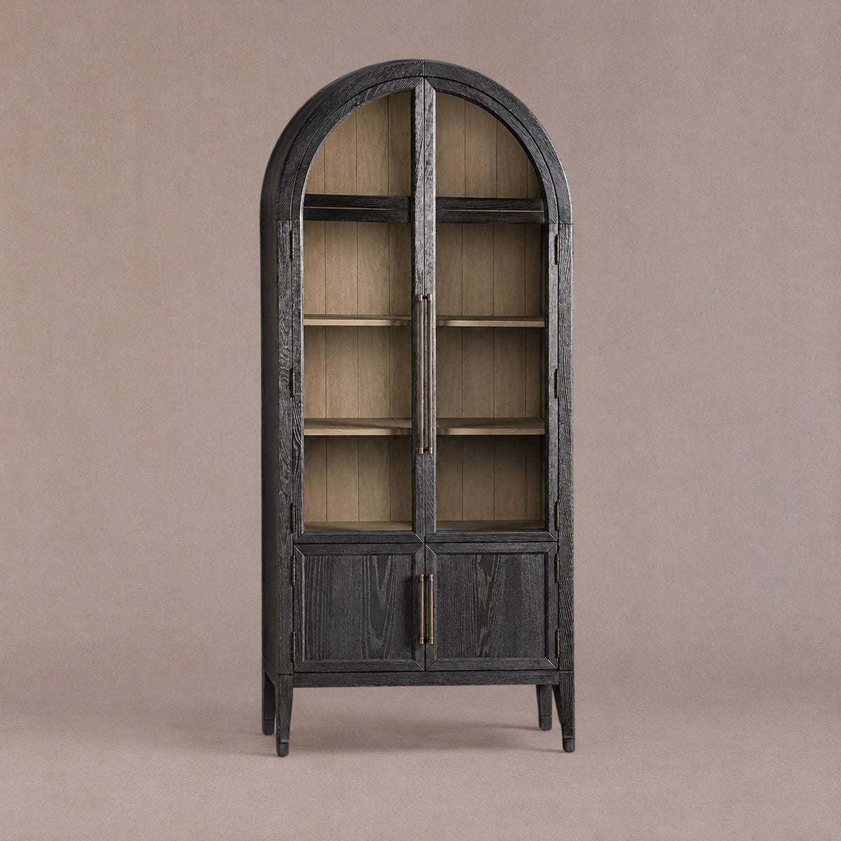 Tall Oak Display Cabinet with Glass Doors