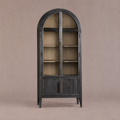 Tall Oak Display Cabinet with Glass Doors