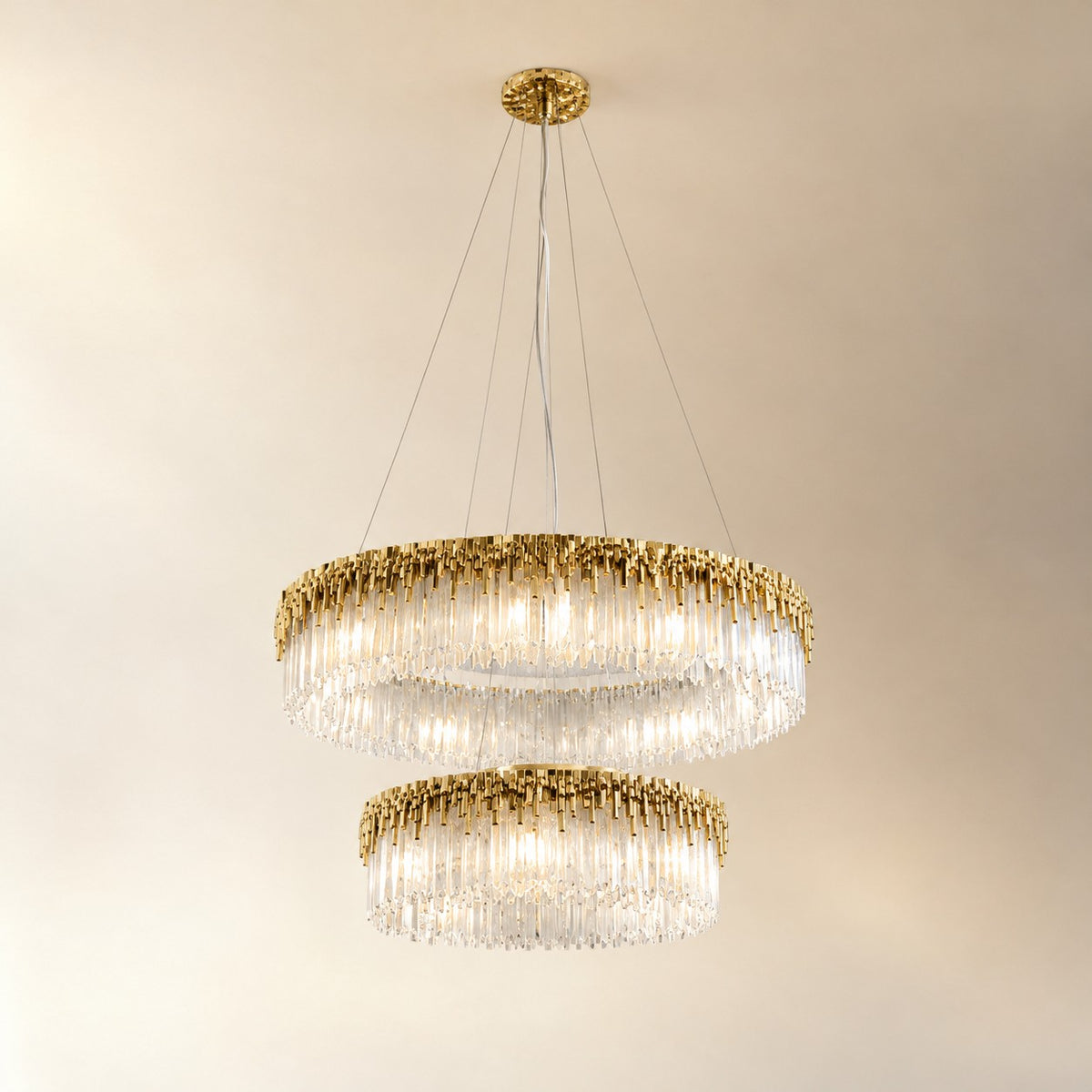 Textured Glass and Satin Gold Double-Tier Chandelier