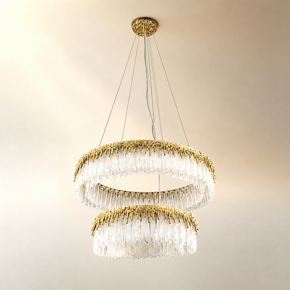 Textured Glass and Satin Gold Double-Tier Chandelier