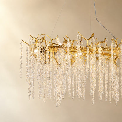 Textured Gold Metal and Crystal Rainfall Chandelier