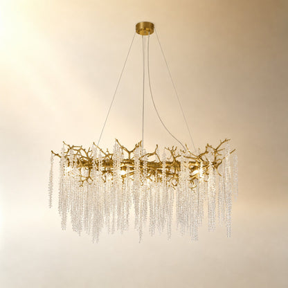 Textured Gold Metal and Crystal Rainfall Chandelier