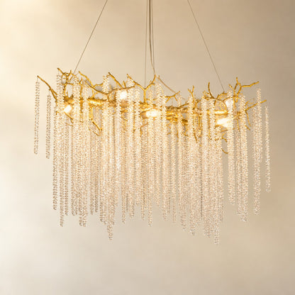Textured Gold Metal and Crystal Rainfall Chandelier