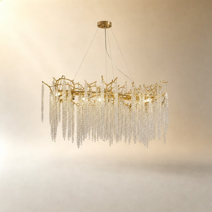 Textured Gold Metal and Crystal Rainfall Chandelier