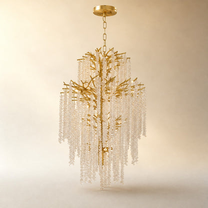 Tiered Gold Branch Chandelier with Cascading Crystal Droplets