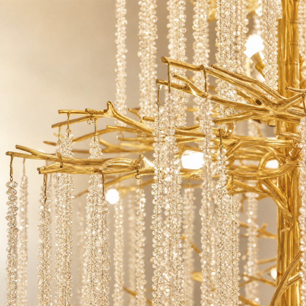 Tiered Gold Branch Chandelier with Cascading Crystal Droplets