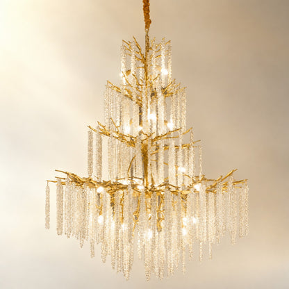 Tiered Gold Branch Chandelier with Cascading Crystal Droplets